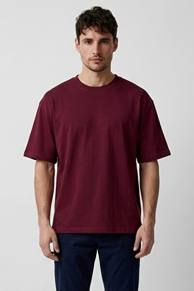 COMBİNE MİCHAİL Erkek Bisiklet Yaka Bordo Oversize Tişört