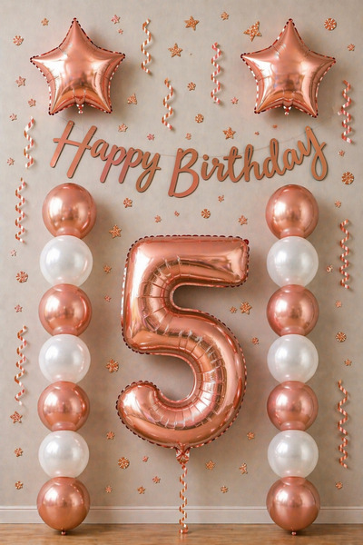 BALON DİYARI Σετ γιορτής 5ων γενεθλίων σε ροζ χρυσό; Λευκό ροζ χρυσό μπαλόνι,...
