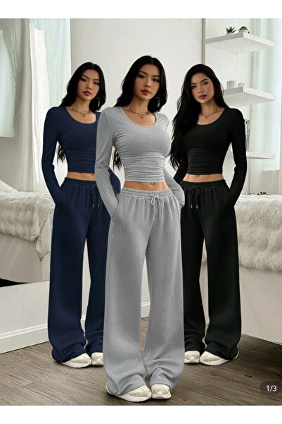 BERYY MODA 3 τεμάχια Μαύρο Γκρι Ναυτικό Μπλε Φαρδύ Παντελόνι Φόρμας Υψηλής Πο...