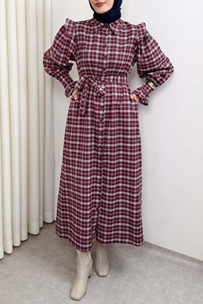 Salih Çelebi Καρό Φόρεμα με Ζώνη 0066 - ΒΟΡΝΤΟ