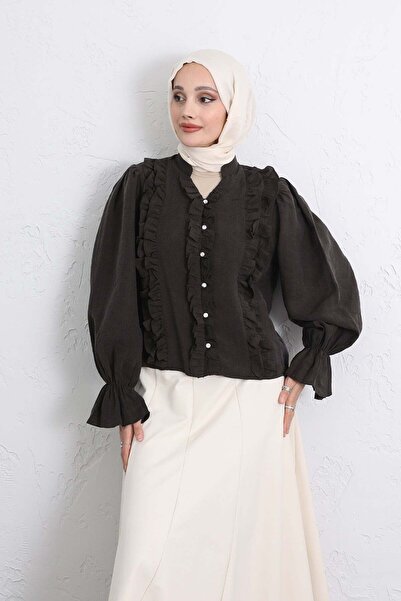 Salih Çelebi Πουκάμισο με κουμπιά και βολάν σε ρίγες Y0096 - ΣΚΟΥΡΟ ΚΑΦΕ