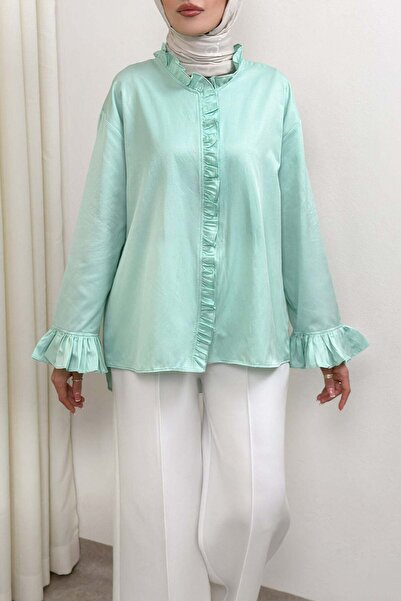 Salih Çelebi Πουκάμισο Oversize με Λεπτομέρεια Βολάν 0057 - ΠΡΑΣΙΝΟ ΜΕΝΤΑΣ