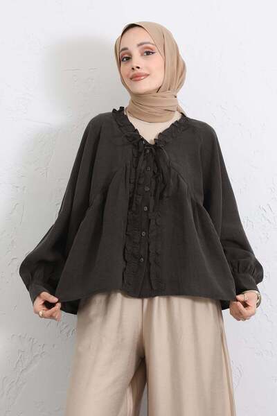 Salih Çelebi Πουκάμισο με βολάν και δαντέλα στο γιακά Y0108 - ΚΑΦΕ