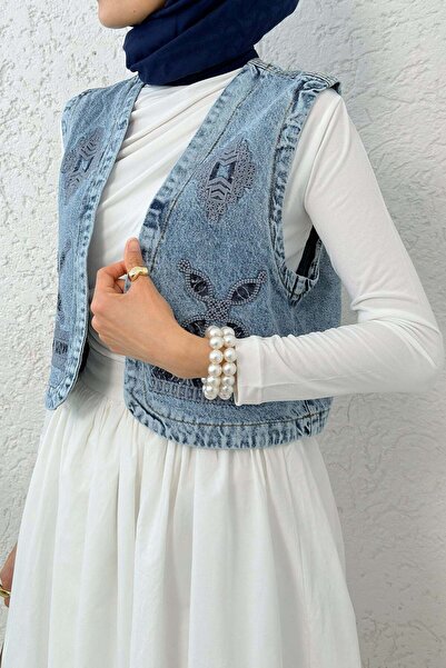 Salih Çelebi Κεντημένο τζιν γιλέκο 92030 - ΜΠΛΕ