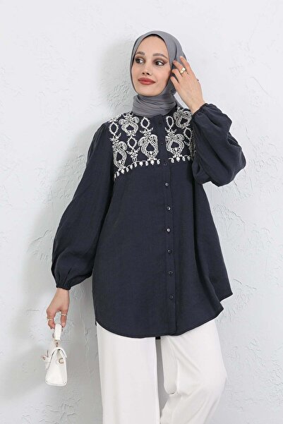 Salih Çelebi Embroidery Detailed Balloon Sleeve Shirt Y0103 - Dark Blue
