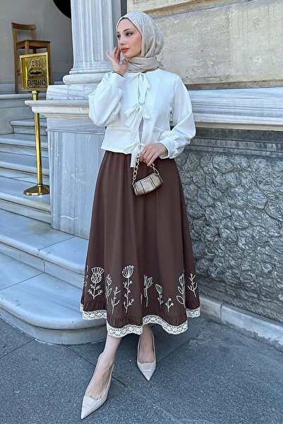 Salih Çelebi Φούστα με λεπτομέρεια από φιόγκο και κέντημα 2329 - ΚΑΦΕ