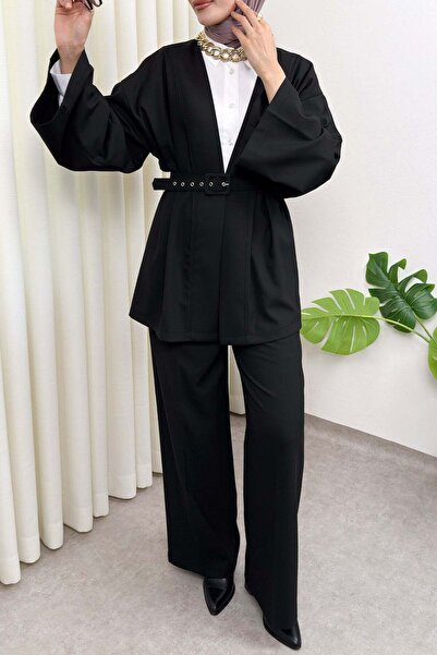 Salih Çelebi Σετ παντελονιού κιμονό με φαρδιά μανίκια και ζώνη 0047 - ΜΑΥΡΟ