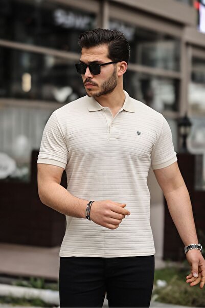 COMBİNE MİCHAİL Férfi 100% pamut szövet Slim Fit vágott bézs póló galléros póló