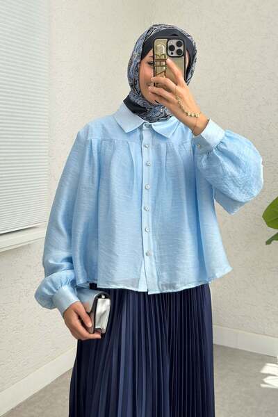 Salih Çelebi Plise Detaylı Oversize Gömlek 2391 - MAVİ
