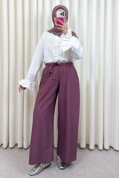 Salih Çelebi Παντελόνι με φαρδιά μπατζάκια και ζώνη 0068 - MÜRDÜM