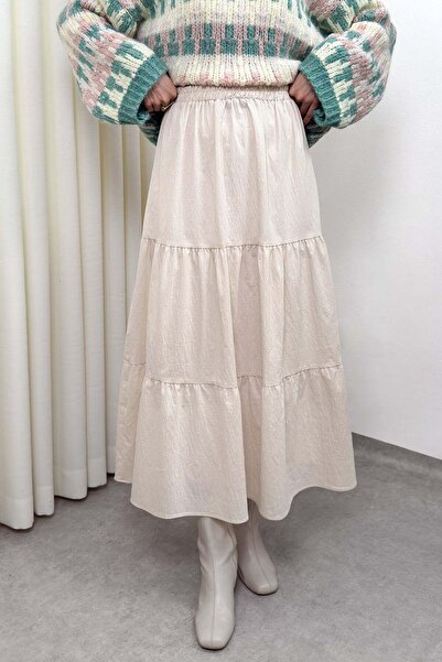 Salih Çelebi Parachute Fabric Layered Skirt 0052 - Beige