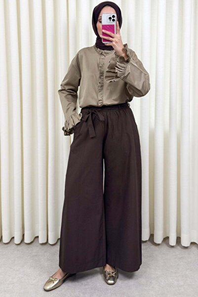 Salih Çelebi Παντελόνι με φαρδιά μπατζάκια και ζώνη 0068 - ΣΚΟΥΡΟ ΚΑΦΕ