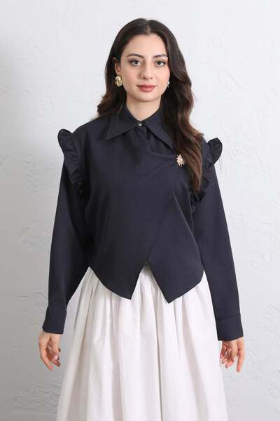 Salih Çelebi Μπλούζα Cross Cut Με βολάν Y0070 - ΣΚΟΥΡΟ ΜΠΛΕ