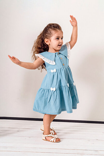 Jikko Baby Girl's Denim Dress with Ruffled Collar and Bow Detail