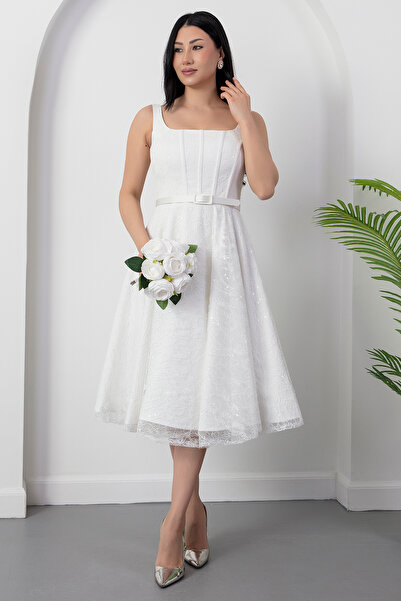 PULLIMM Φόρεμα με τετράγωνο λαιμόκοψη, παγιέτες και δαντέλα BAL165