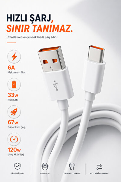 HAMŞO Tek Type-C Hızlı Şarj Kablosu 120W 6A 1 Metre xiaomi Android Uyumlu Tur...