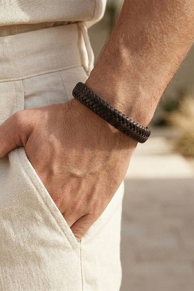 VAOOV Brown Leather Men's Bracelet with Knitted Detail