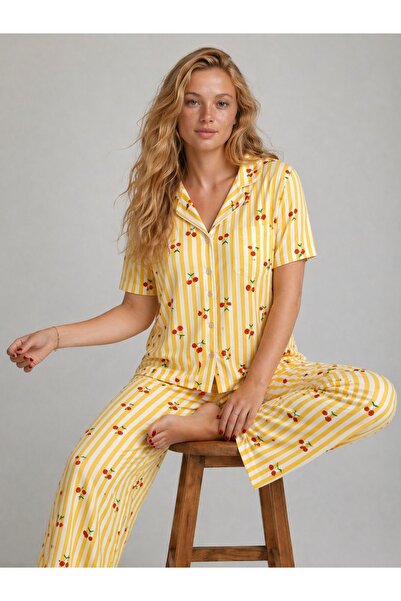 rindahomewear Γυναικείο σετ πιτζάμες Milan Yellow Cherry με Με σχέδιο κουμπιά...