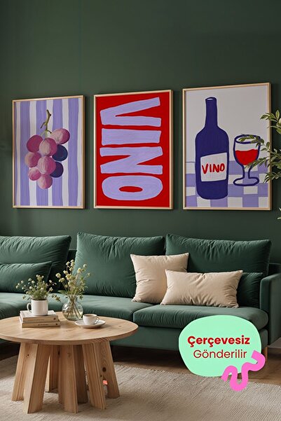 ArtDropsco 3’lü Şarap Tablo Seti Üzüm VINO Poster Modern Mutfak Duvar Dekoru ...
