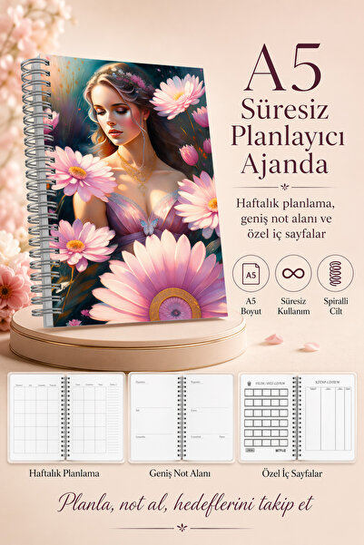 cabuk baskı A5 Süresiz Planlayıcı Ajanda Spiralli Haftalık Defter Pembe Çiçekli Kız Kapak
