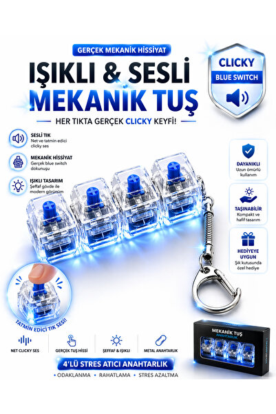 Akıllı Cep Dünyası Şeffaf Gövde Işıklı 4’lü Stres Atıcı Mekanik Tuş Anahtarlık Sesli Mekanik Tuş Hissi