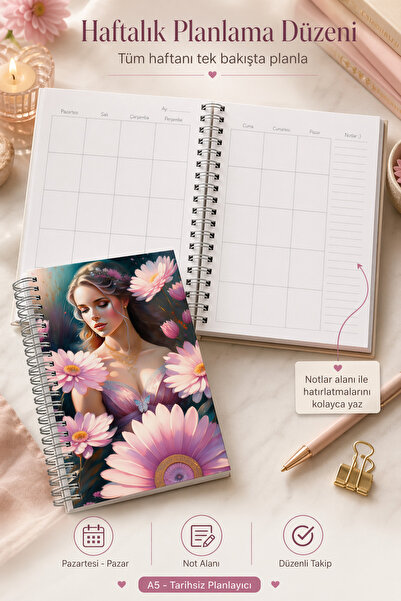 cabuk baskı A5 Süresiz Planlayıcı Ajanda Spiralli Haftalık Defter Pembe Çiçekli Kız Kapak