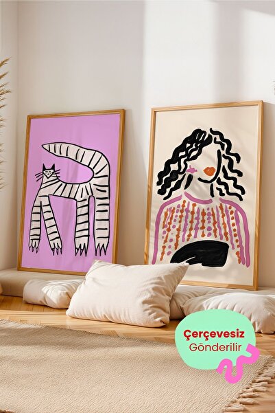 ArtDropsco 2’li Modern Tablo Poster Seti Kedi ve Kadın İllustrasyon Duvar Dek...