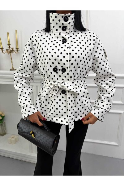 timagna Women's Stand Collar Polka Dot Belted Seasonal Short Trench Coat