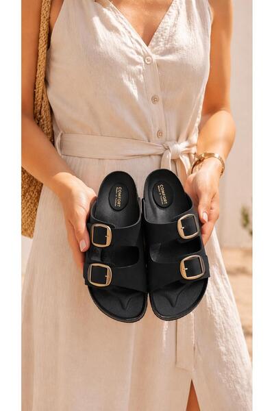 Moda Devrin Μαύρες Ορθοπεδικές Εξαιρετικά Ελαφριές Παντόφλες με Διπλή Πόρπη