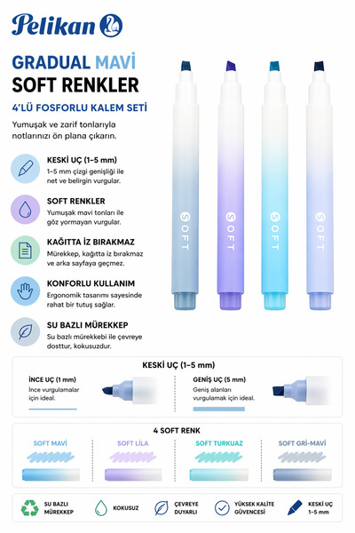 Need Gradual Mavi Soft Renkler 4lü Fosforlu Kalem Seti