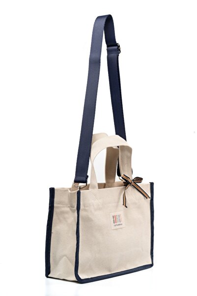 Sofist İstanbul Γυναικεία τσάντα χειρός και ώμου από καμβά Navy Blue & Ecru B...