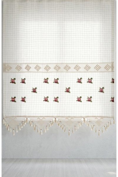 SEVCAN TEKSTİL Red Serme Cross-Stitch 100% Cotton Authentic Hand Lace Buldan Handwork Sunshade Curtain