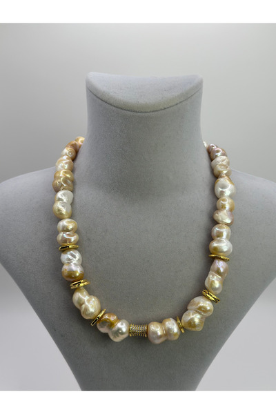 Butik MIZE PEARL CORE Doğal Barok İnci Kolye - Gold Detaylı Şık Tasarım 39 cm