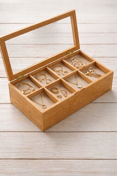 LUCKY CLOVER 8 Compartments Bamboo Sachet Tea Box Bamboo Organizer Box Jewelry Accessories Box 30X20X7Cm.