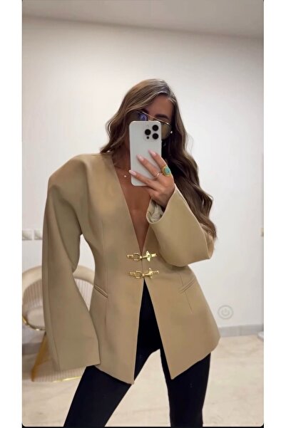 Zey Studio Γυναικείο μπουφάν μπλέιζερ σε μπεζ χρώμα με κουμπιά και γάντζο Λεπ...