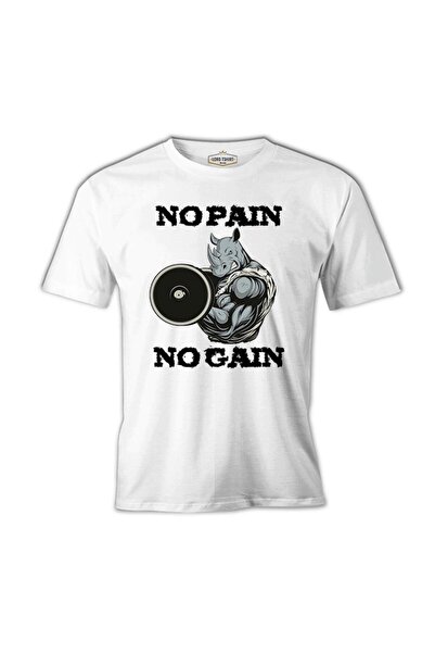 Lord T-Shirt تي شيرت No Pain No Gain Hippo - تي شيرت أبيض للرجال لبناء الجسم