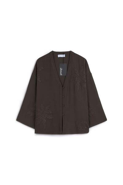praye Κεντημένο κιμονό με κουμπιά σε καφέ χρώμα