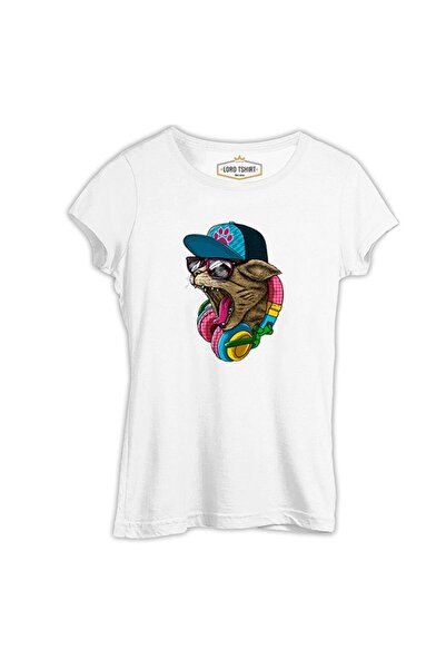 Lord T-Shirt تي شيرت نسائي أبيض بتصميم موسيقى على شكل رأس قطة