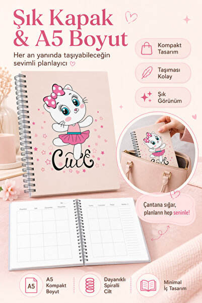 cabuk baskı A5 Süresiz Planlayıcı Ajanda Spiralli Haftalık Defter Sevimli Kapak
