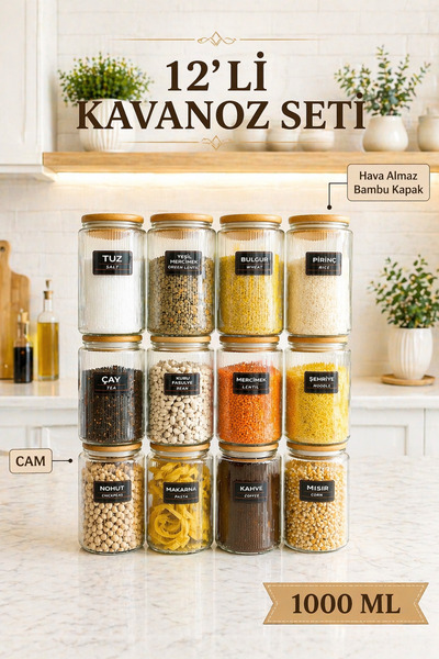 naturelove 12'li Etiketli Cam Kavanoz Seti – Bambu Hava Almaz Vakum Kapaklı Ç...