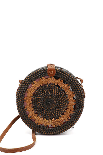 GÖNDERİ(R) Γυναικεία τσάντα ώμου με μακρύ λουράκι από γκρι ψάθινο πλέγμα