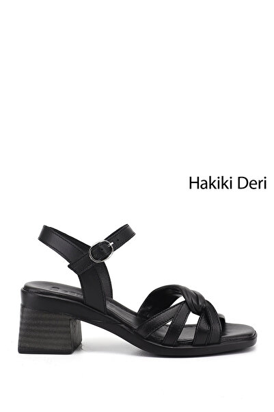 GÖNDERİ(R) Γυναικεία μαύρα σανδάλια από γνήσιο δέρμα με χοντρό τακούνι και λο...