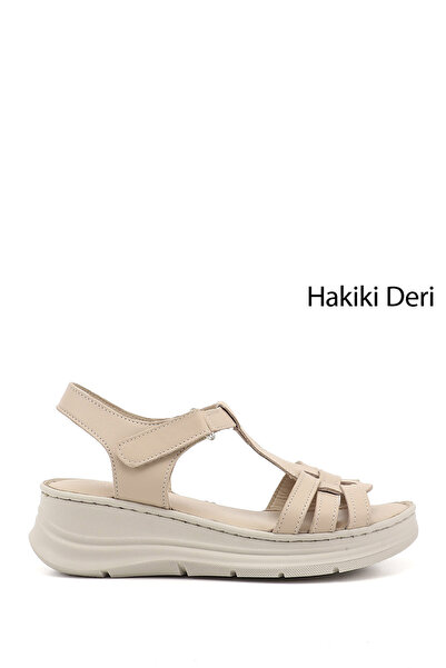 GÖNDERİ(R) Γυναικεία Μπεζ Σανδάλια από Γνήσιο Δέρμα με Ταινία Velcro και Τακο...