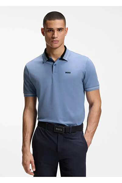 BOSS Erkek Regular Fit Logo Baskılı Kısa Kollu Pamuklu Mavi Polo Yaka T-Shirt