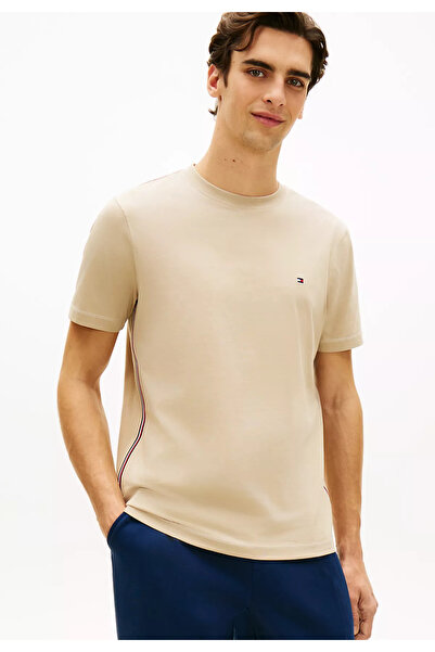 Tommy Hilfiger Erkek Normal Kesim Yuvarlak Yakalı Pamuklu Kısa Kollu Bej T-Shirt