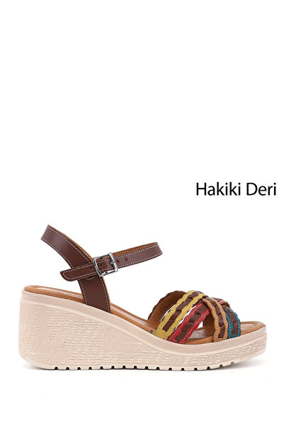 GÖNDERİ(R) Γυναικεία Καφέ-Κίτρινα Σανδάλια με Σφήνα Τακούνια από Γνήσιο Δέρμα