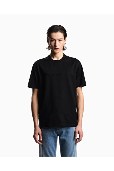 Emporio Armani Men's Regular Cut Textured Logo Detailed Round Neck Cotton Sho...
