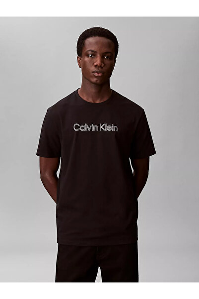 Calvin Klein Erkek Kısa Kol Bisiklet Yaka CALVIN Yazı Desenli Pamuklu Siyah T...