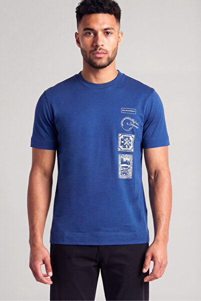 Emporio Armani Men's Regular Fit Crew Neck Patterned Short Sleeve Navy Blue T...