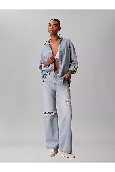 Calvin Klein Kadın Rahat Kalıp Geniş Paçalı Vintage Yırtık Denim Mavi Jeans